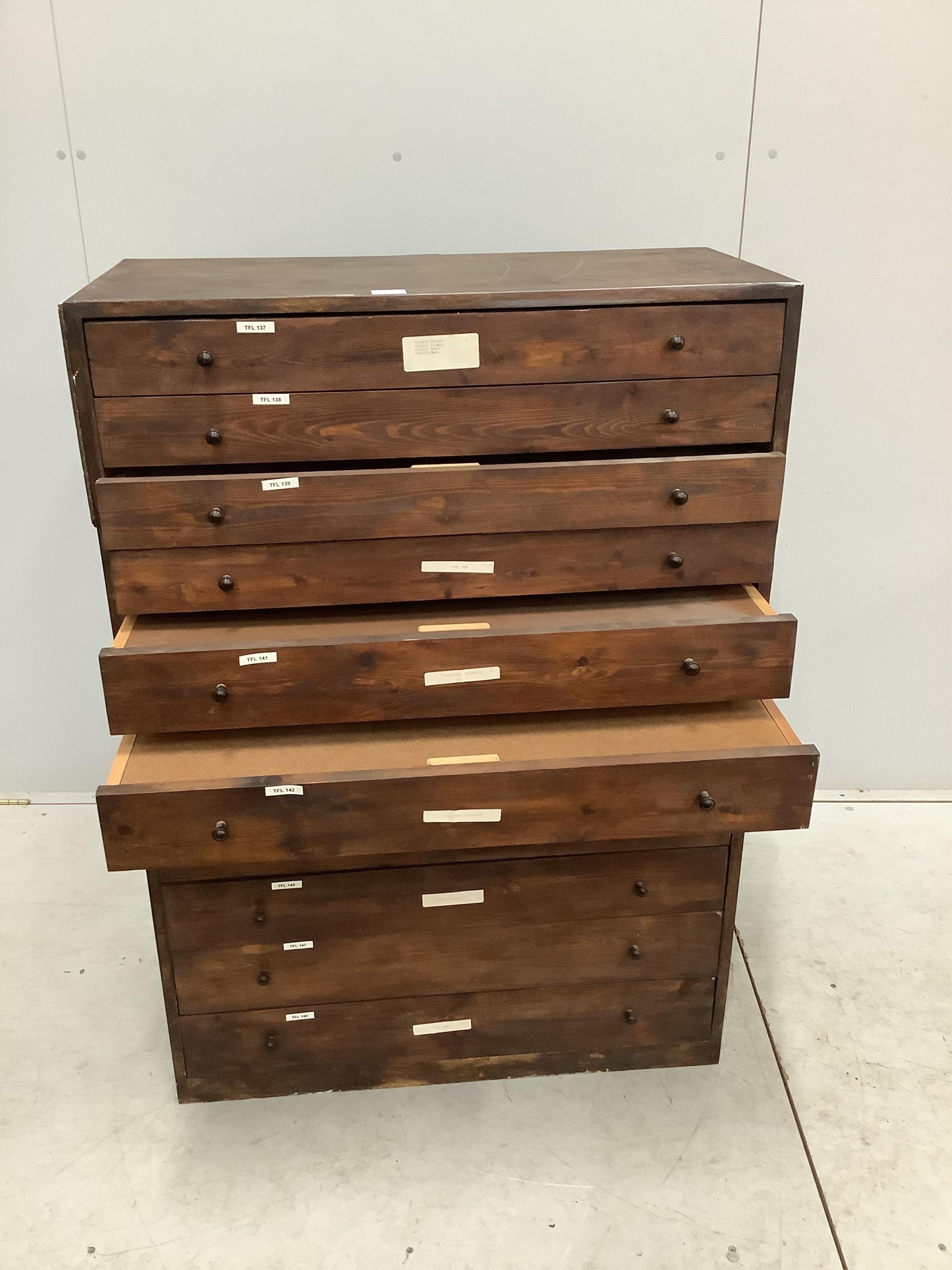 An early 20th century pine collector's chest, width 86cm, depth 41cm, height 122cm., Provenance - Harrison Zoological Museum, Bowerwood House in Sevenoaks., Condition - fair